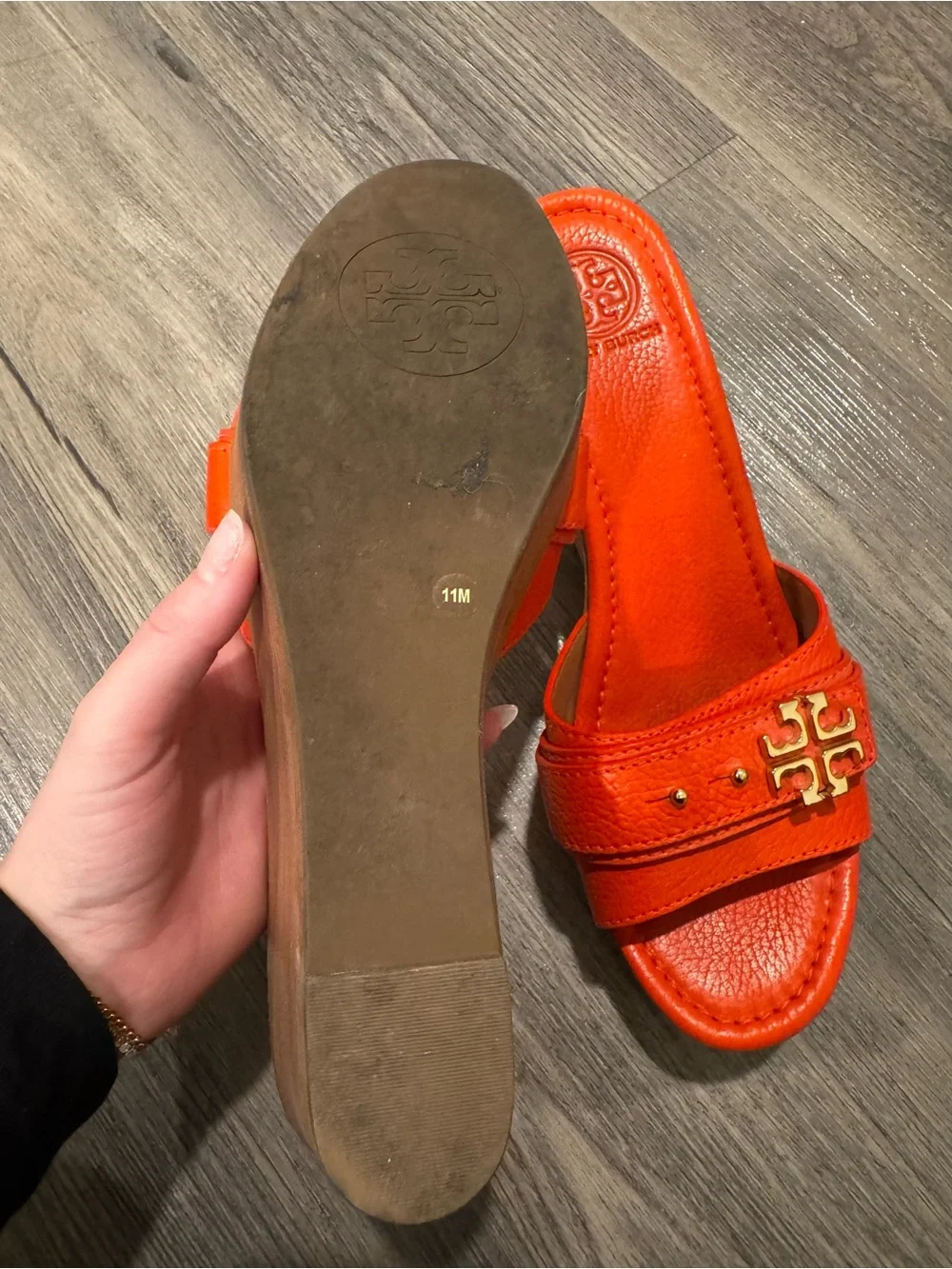 Tory Burch Bright Orange Elina Leather Logo Wedge Slides Size 11